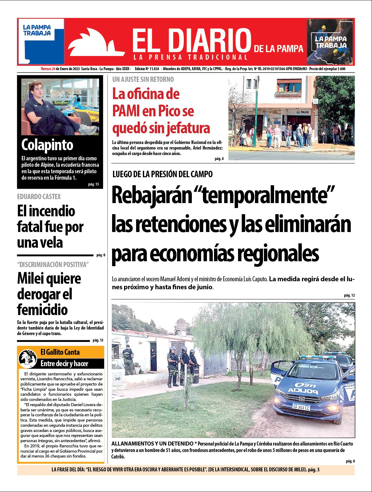 Tapa de El Diario en papel  viernes 24 de enero de 2025